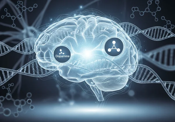 Abstract brain with genetic code and neurotransmitter symbols.