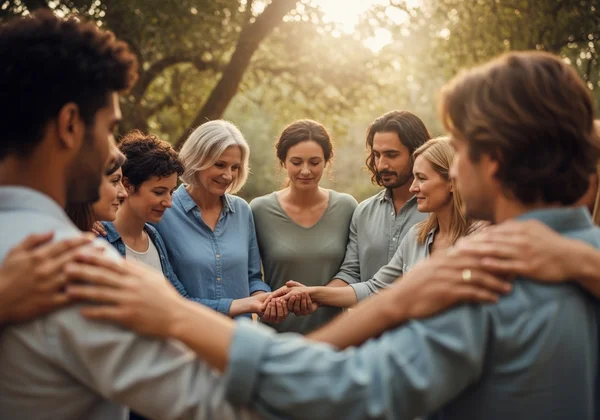 Group supporting each other, symbolizing schizophrenia recovery.