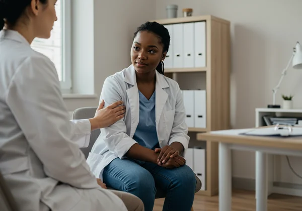 Patient with a trusted support person in a doctor's office