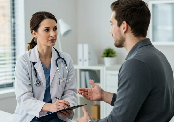 Person discusses mental health with a doctor, feeling supported