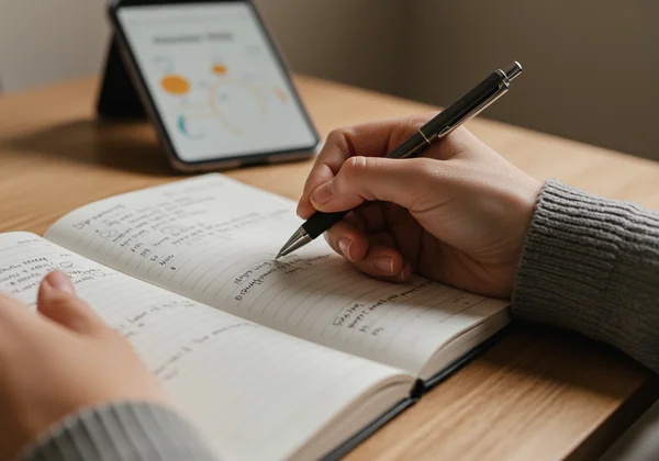 Hand writing in a journal, tracking mental health symptoms