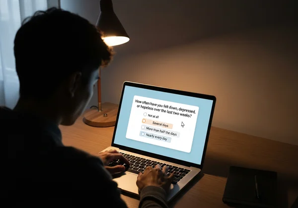 Person taking an online schizophrenia self-assessment