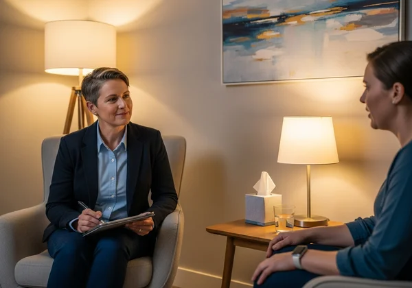 Psychiatrist conducting a detailed clinical assessment interview