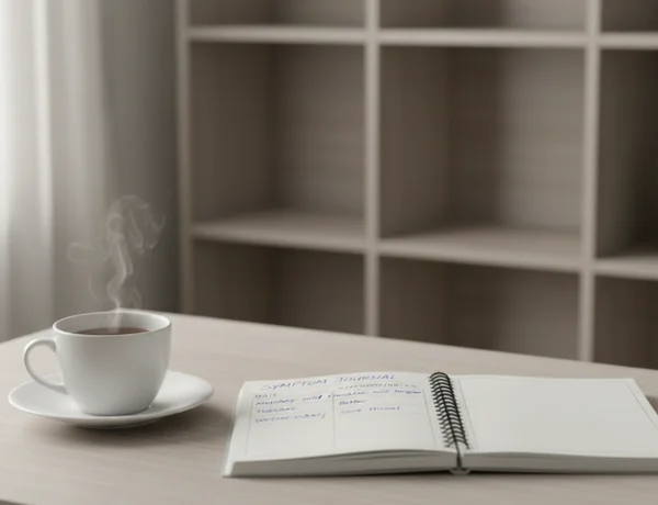 Calm symptom journal beside tea and notebook